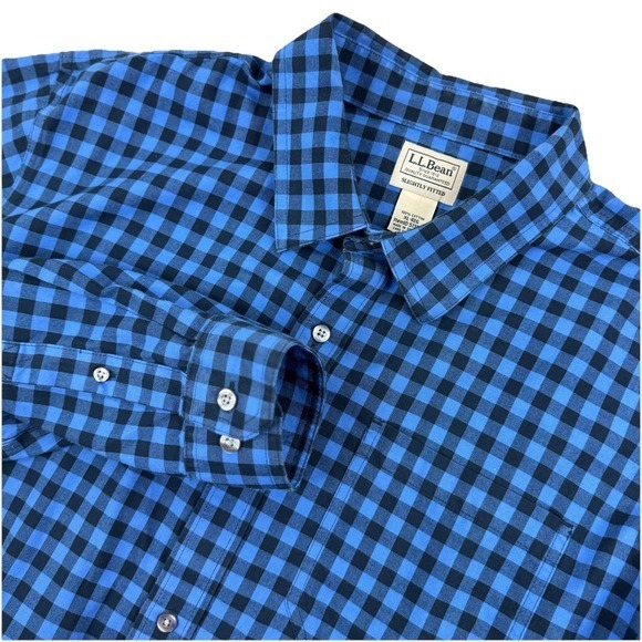 LL BEAN Mens‎ Long Sleeve Button Flannel Shirt Blue/Black Gingham - SIZE XL - Picture 1 of 5